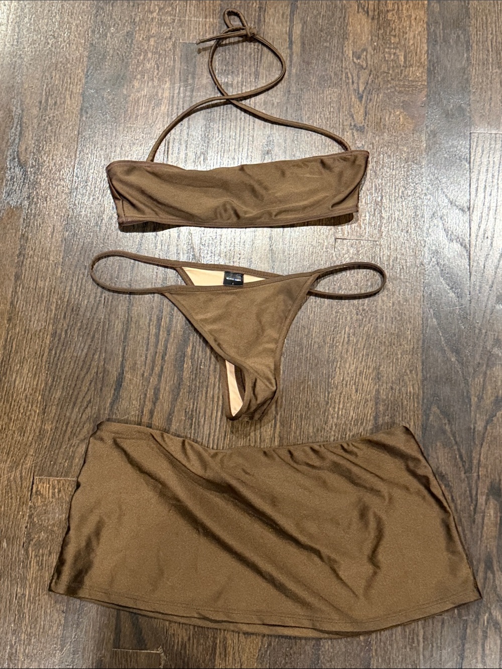 Melissa Simone Women’s Brown Bikini Set with Skirt -  Top (M) & Bottom (L)